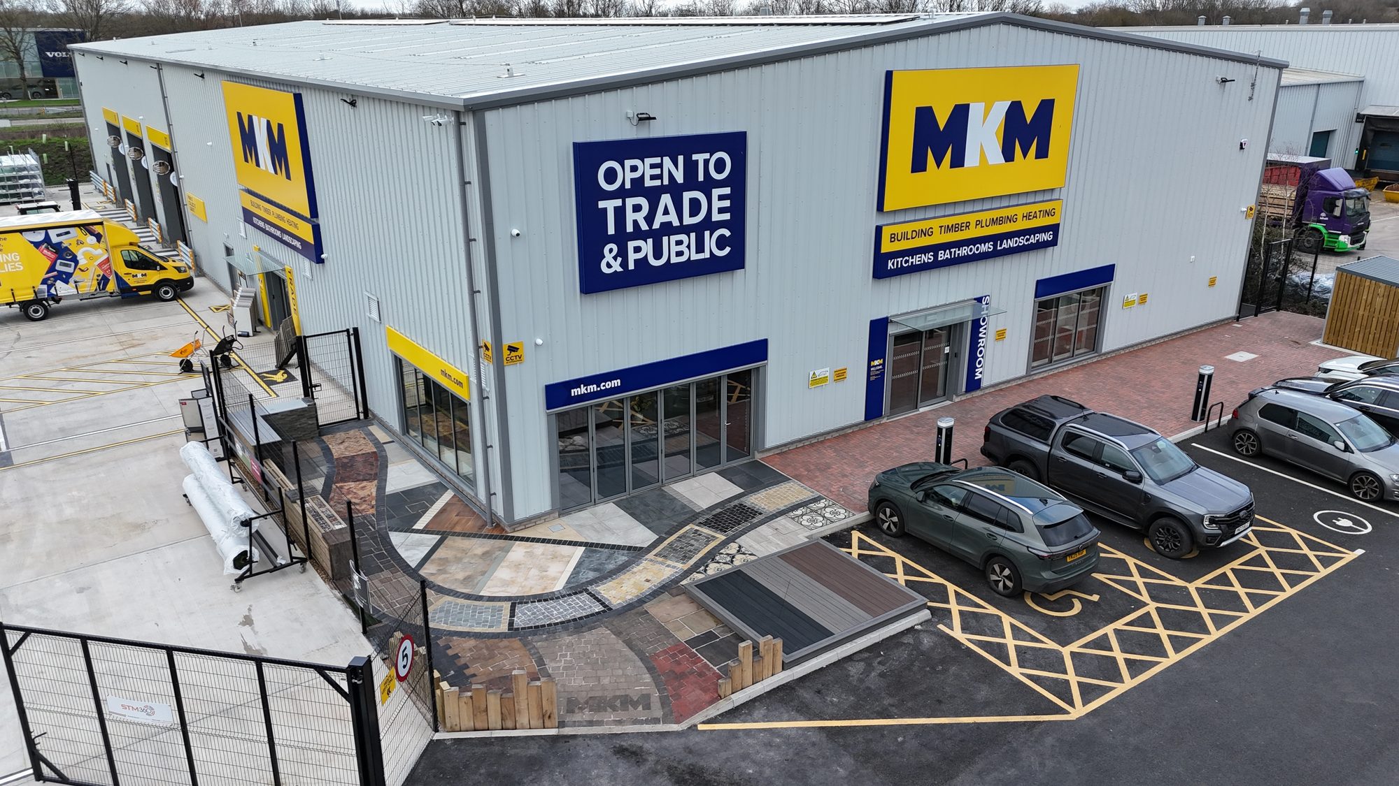 Aerial view of the landscaped paving display and forecourt at the MKM Building Supplies branch in Swindon
